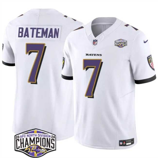 Men%27s Baltimore Ravens #7 Rashod Bateman White F.U.S.E 2024 AFC North Division Champions Vapor Limited Jersey